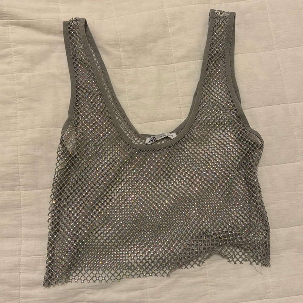 Zara iridescent fishnet silver top